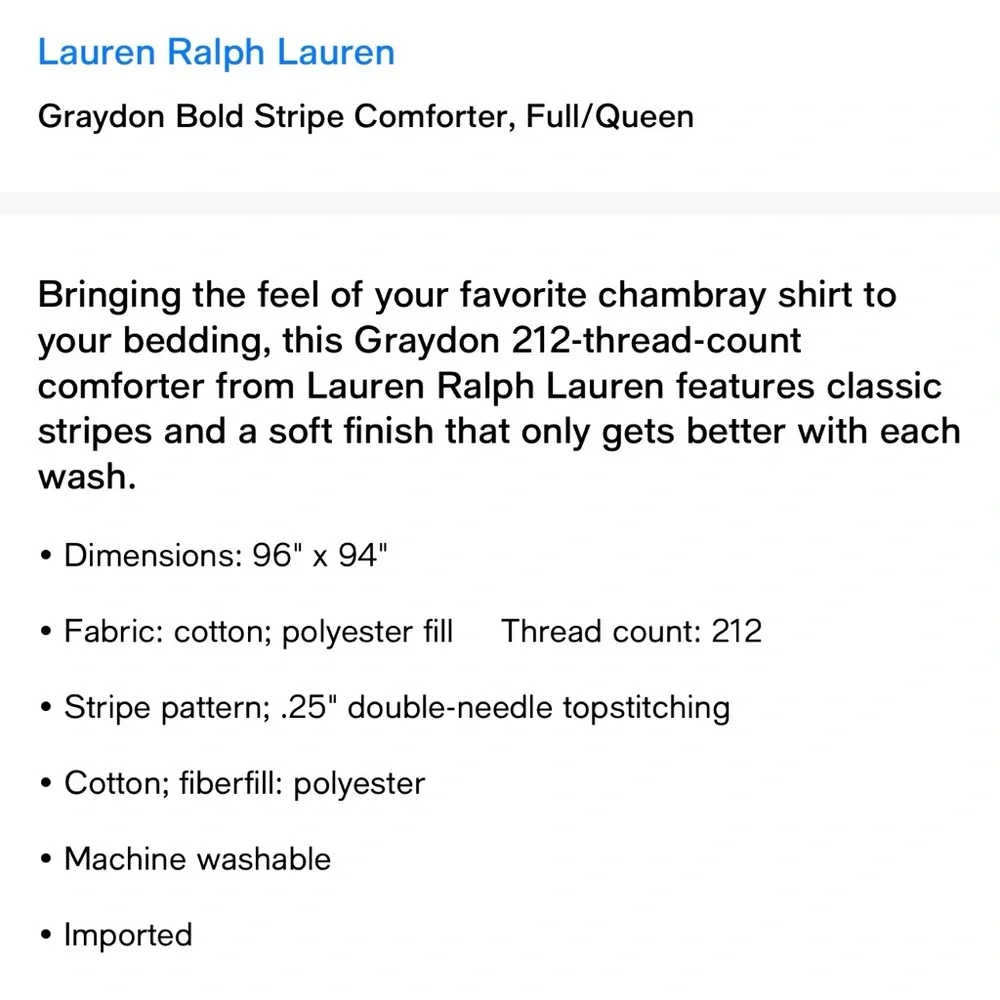 NWT Lauren Ralph Lauren Graydon Bold Stripe Comforter
